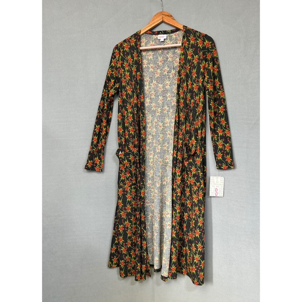 LuLaRoe Sarah Cardigan Black Small Floral Long Sleeve Open Front Pockets Ribbed